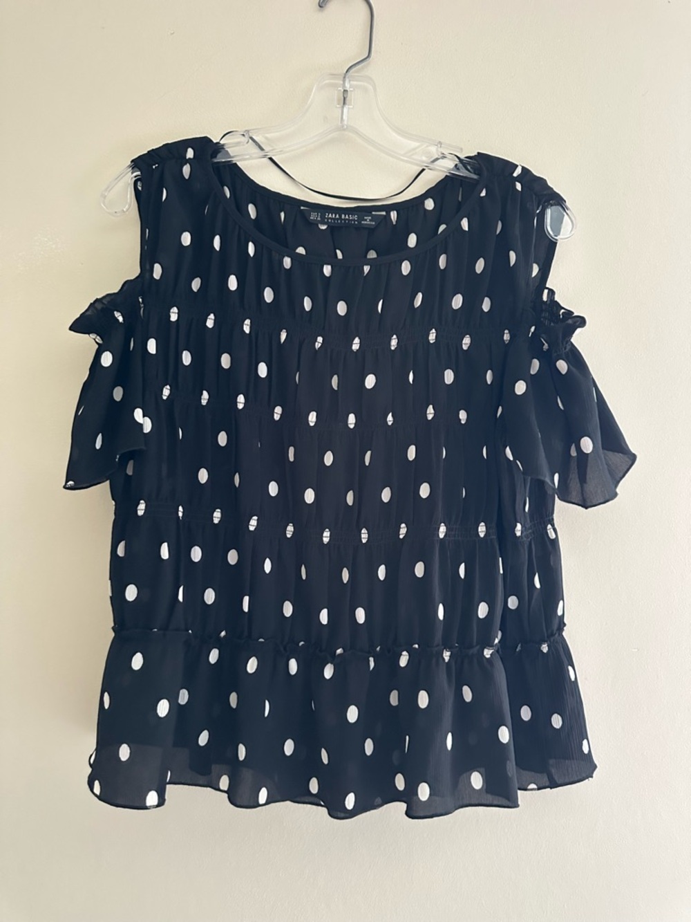 Zara Black and White Polka Dot Cold-Shoulder Blouse